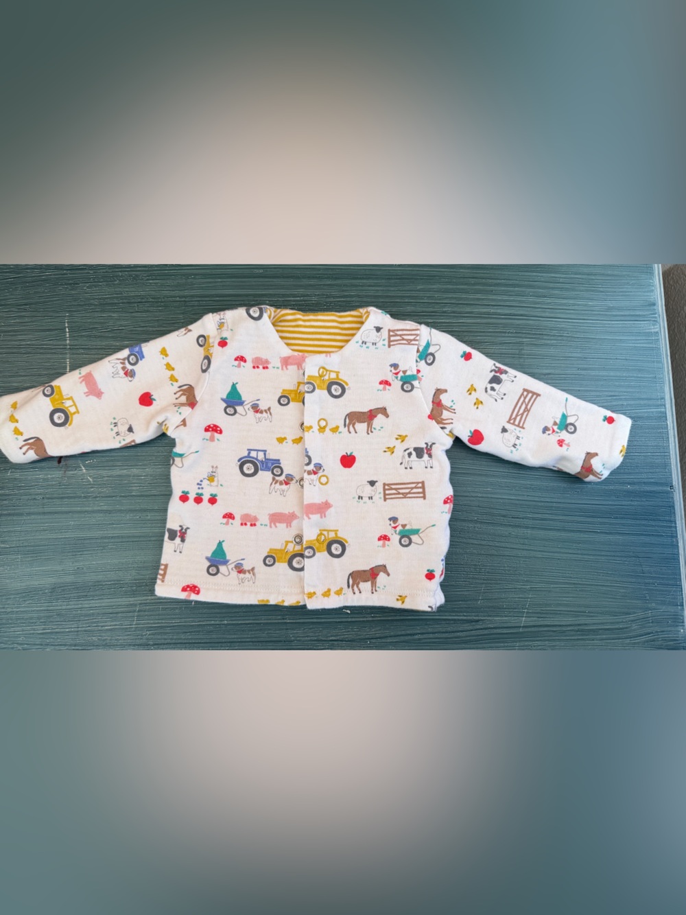 Baby Boden Striped Yellow & White Baby One-Piece with Farm Print